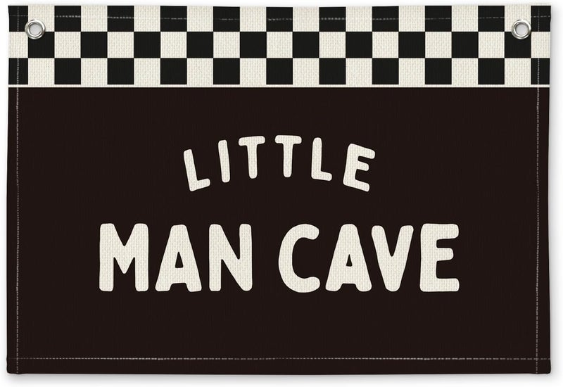 ETVISO Little Man Cave Black and White Checkered Boys Room Decor - Linen Banner Wall Hanging Canvas Banner Flag Decor for Nursery Toddler Boys Bedroom Playroom - Image 1